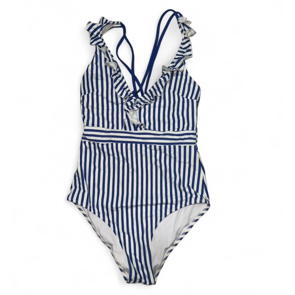 Cupshe Blue White Striped Ruffle One Piece‎ Swimsuit Women's Medium Summer